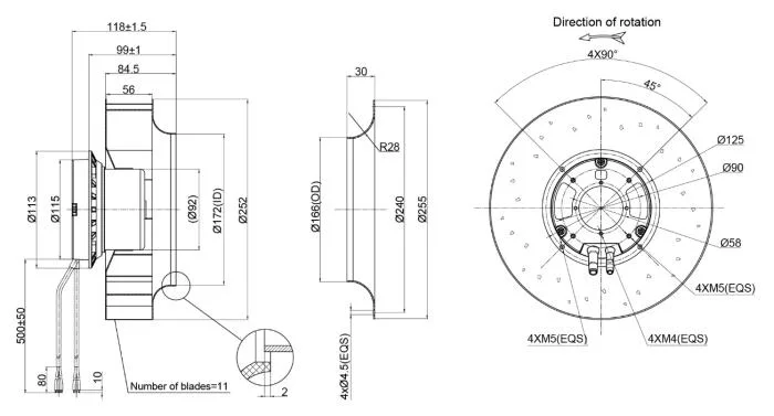250mm/10inch 230VAC Ec-AC Backward Curved Centrifugal Ventilation Fan