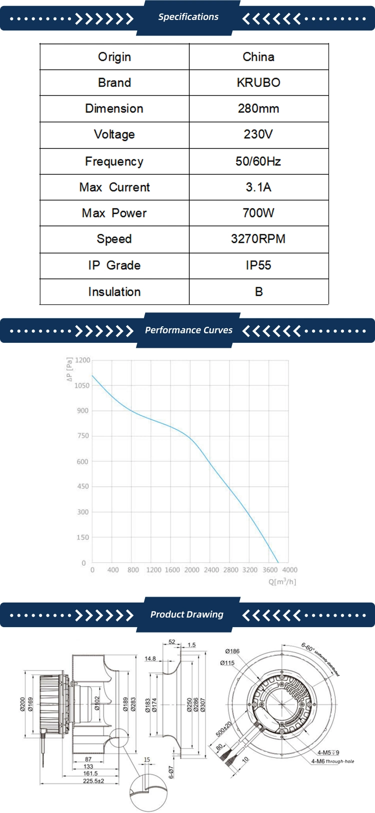 280mm 700W 3800m3/H Ec Centrifugal Fans Backward Curved for Commercial Building Ventilation (K-EC280-R230-32)